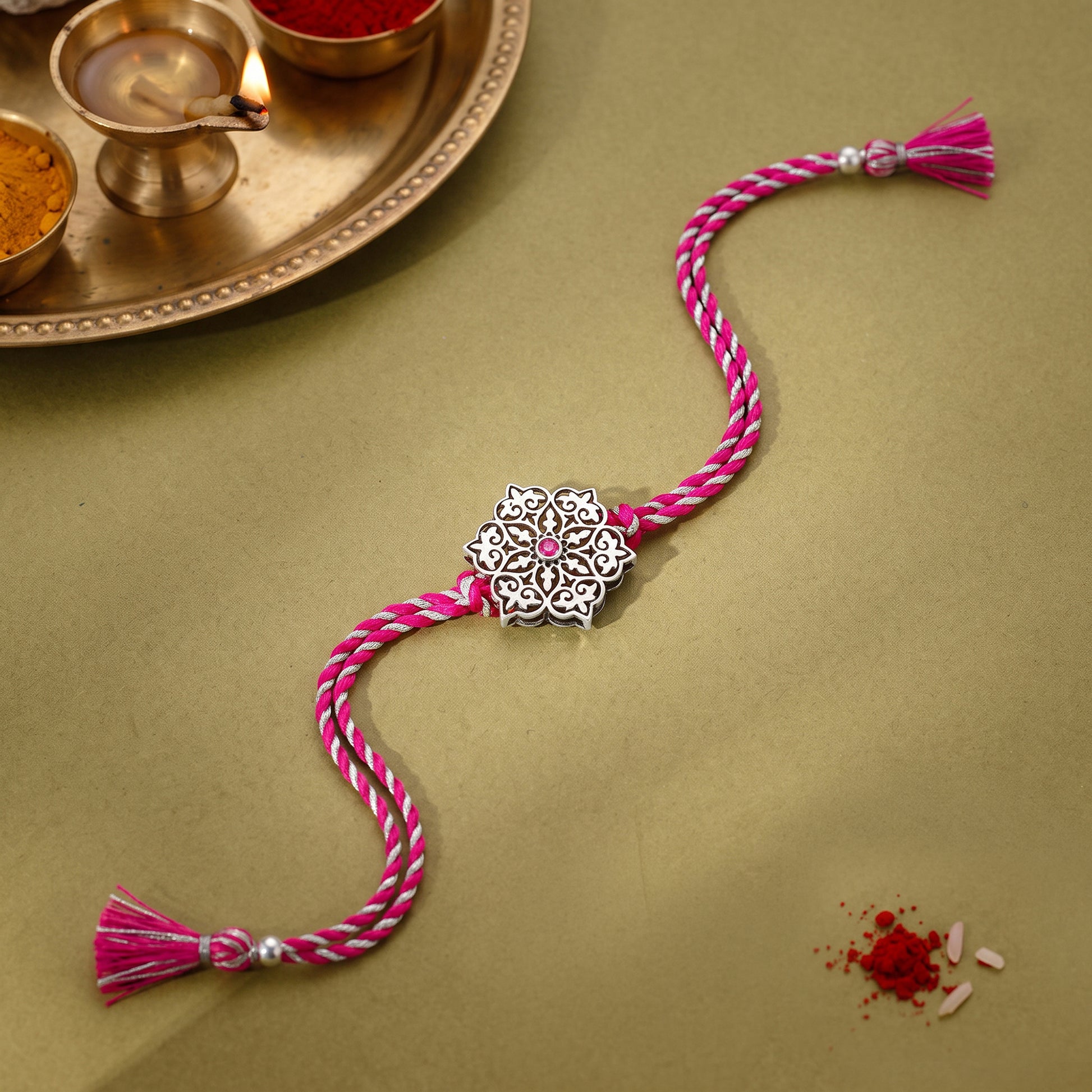 Oxidised Silver Pink Flower Rakhi