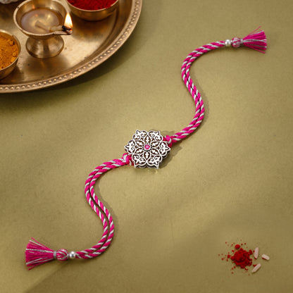 Oxidised Silver Pink Flower Rakhi