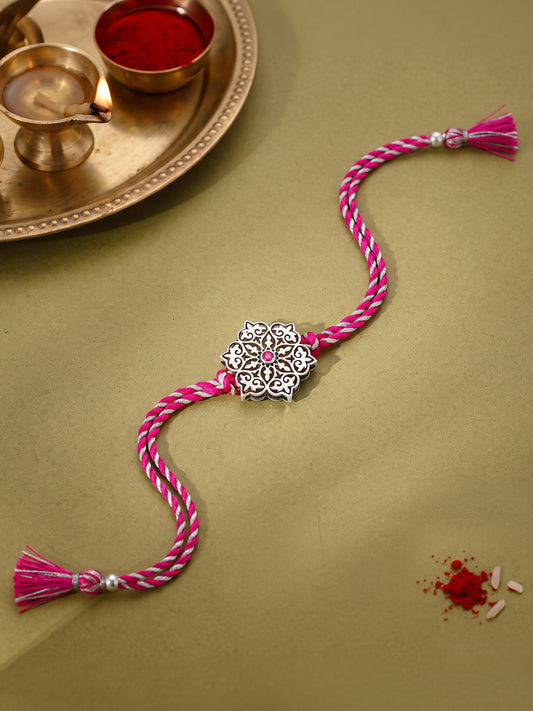 Oxidised Silver Pink Flower Rakhi
