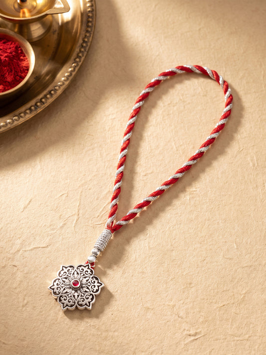 Oxidised Silver Pink Pop Flower Lumba Rakhi