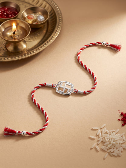 Silver Swastik In Square Rakhi