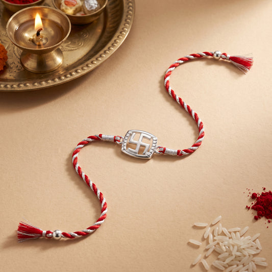 Silver Swastik In Square Rakhi