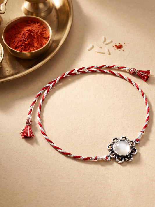 Oxidised Silver Pearl Flower Rakhi