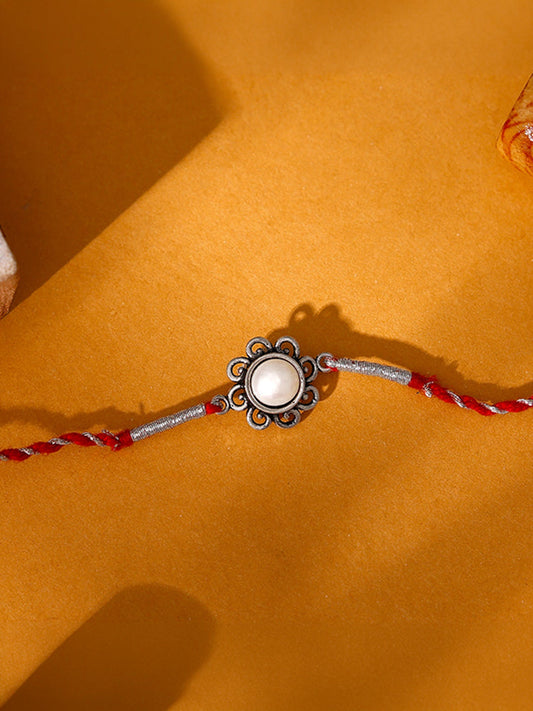 Oxidised Silver Pearl Flower Rakhi
