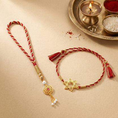 Golden Rishan Bhaiya Bhabhi Rakhi Combo (Set of 2)
