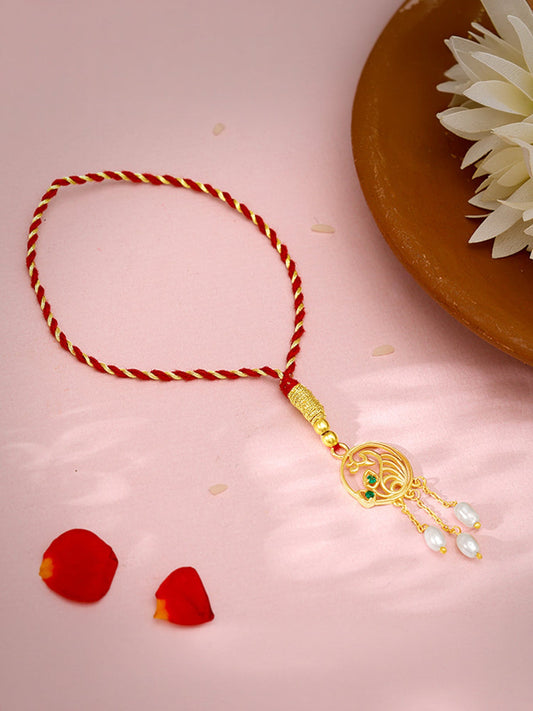 Golden Dangling Pearls Peacock Lumba Rakhi
