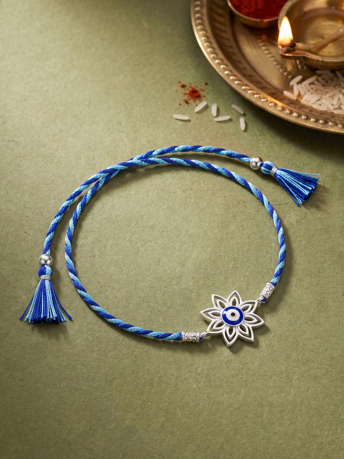 Silver Bloom Evil Eye Rakhi