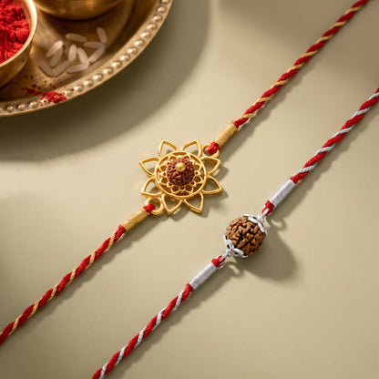 Silver Rudraksha Floral Rakhi Combo (Set of 2)