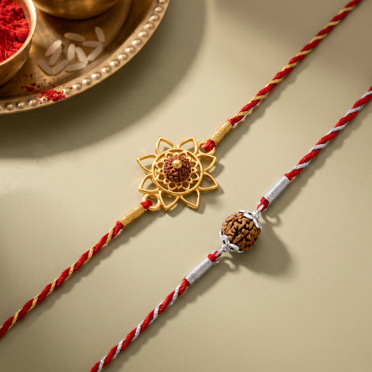 Silver Rudraksha Floral Rakhi Combo (Set of 2)
