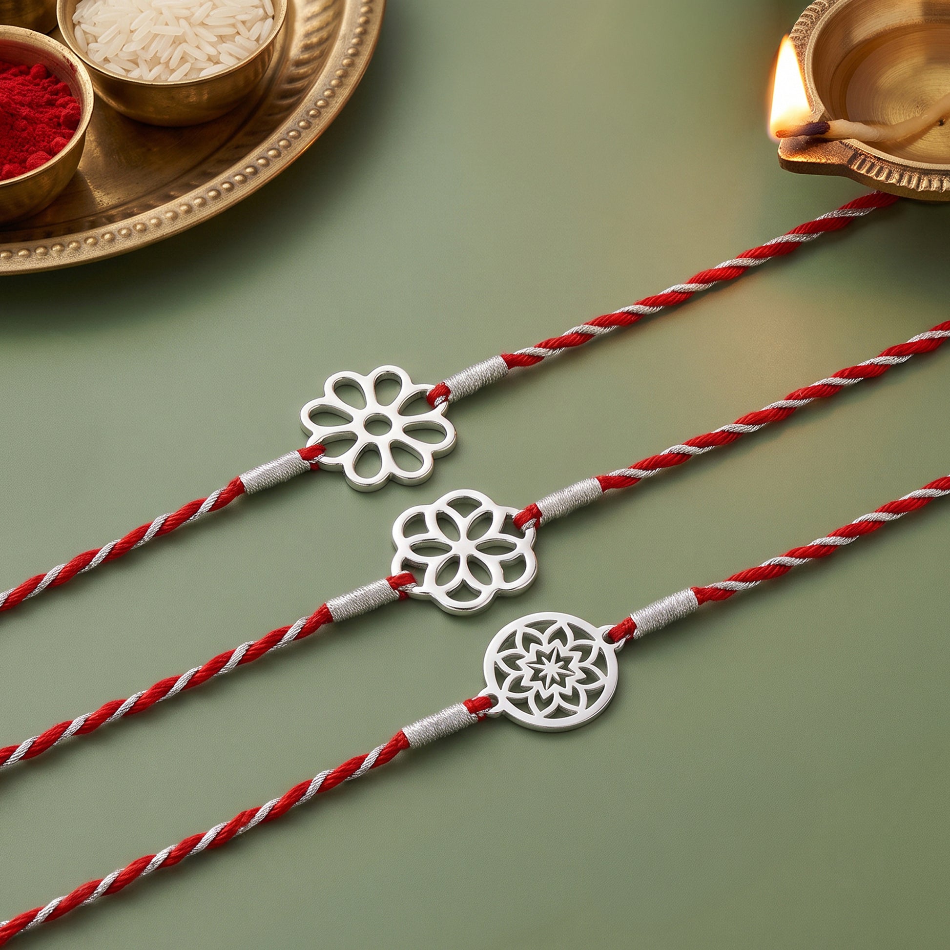 Silver Three Florals Rakhi Combo (Set of 3)