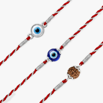 Silver Evil Eye Rudraksha Rakhi Combo (Set of 3)