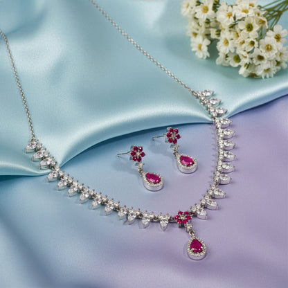 Silver Pink Flower Drop Solitaire Set