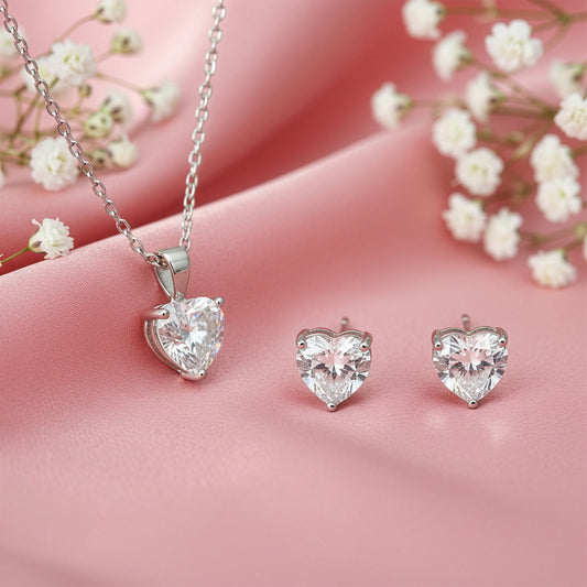 Silver Solitaire Heart Set with Link Chain