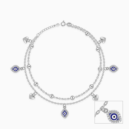 Silver Evil Eye and Heart Layered Charm Anklet
