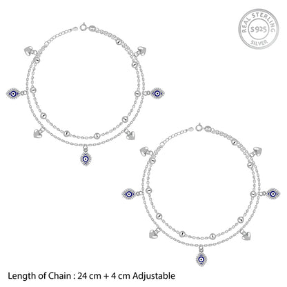 Silver Evil Eye and Heart Layered Charm Anklet