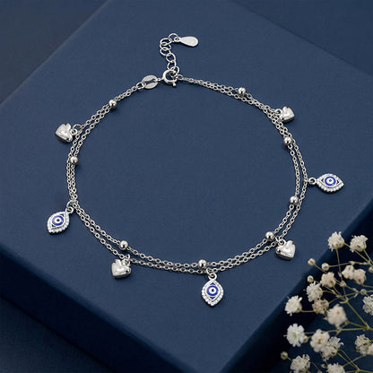 Silver Evil Eye and Heart Layered Charm Anklet