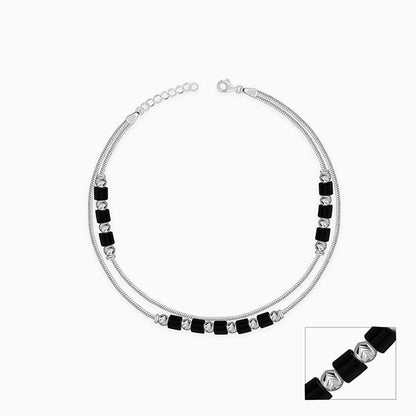 Silver Dual Layer Black Beads Anklet