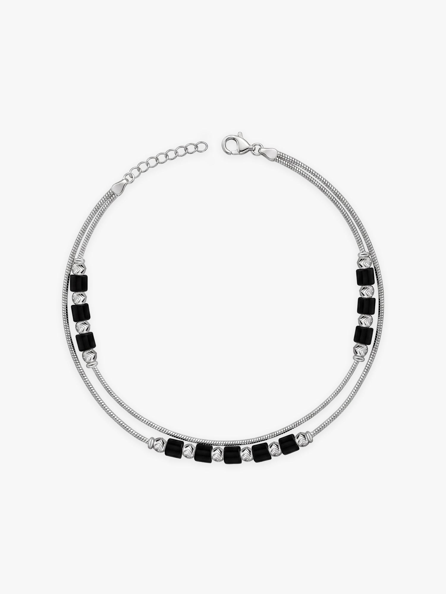 Silver Dual Layer Black Beads Anklet
