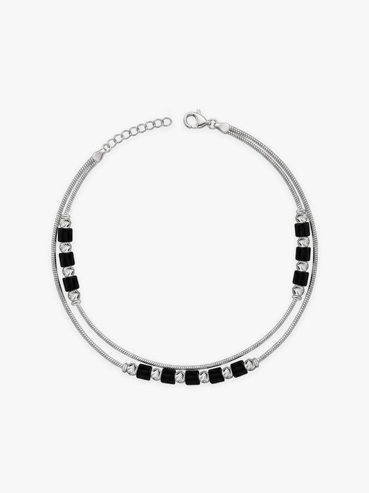 Silver Dual Layer Black Beads Anklet