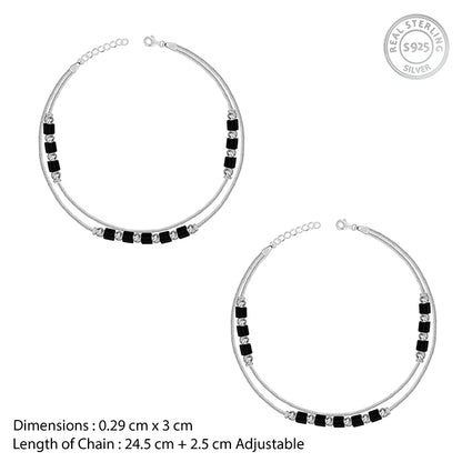 Silver Dual Layer Black Beads Anklet
