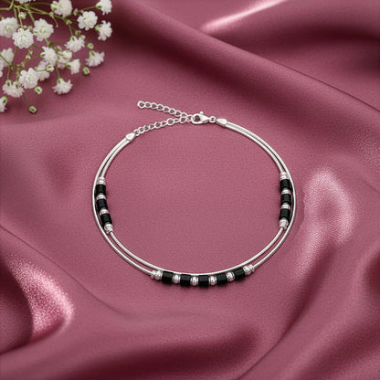 Silver Dual Layer Black Beads Anklet