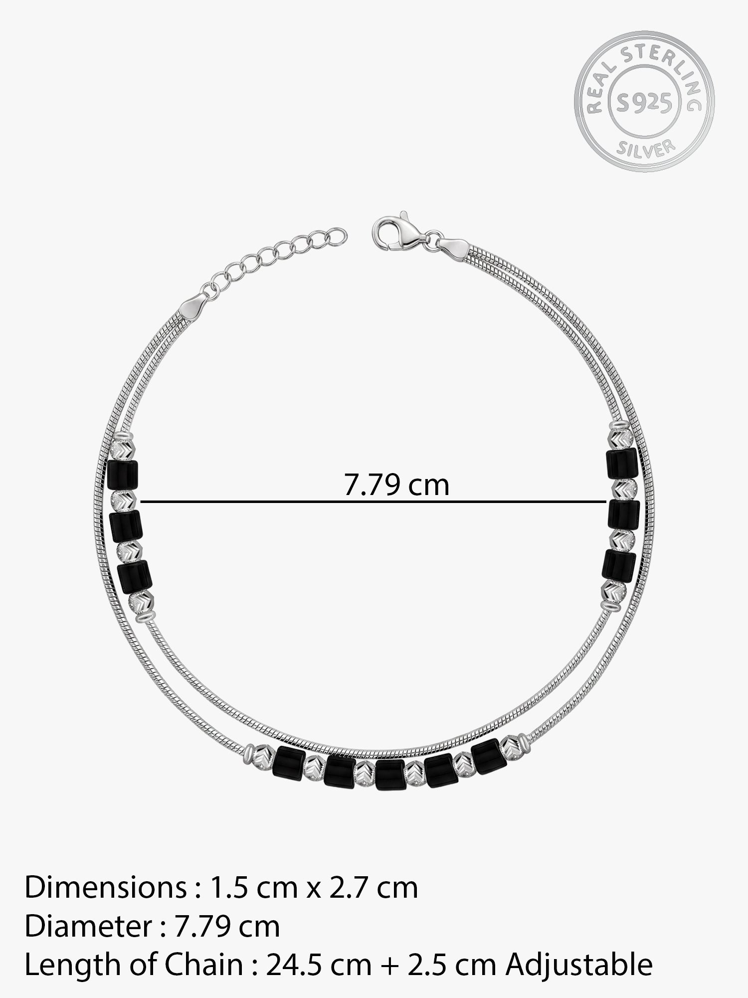 Silver Dual Layer Black Beads Anklet