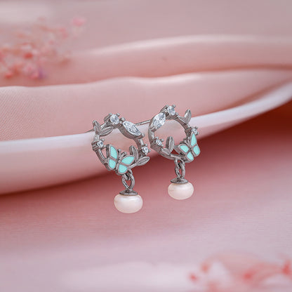 Silver Butterfly Drop Pearl Earrings