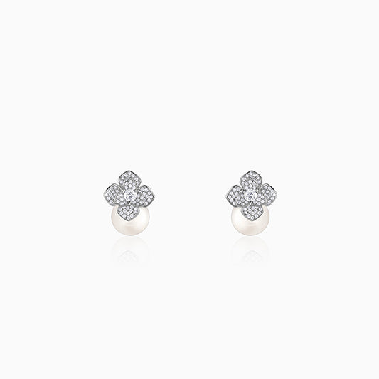 Silver Camellia Pearl Drop Earrings