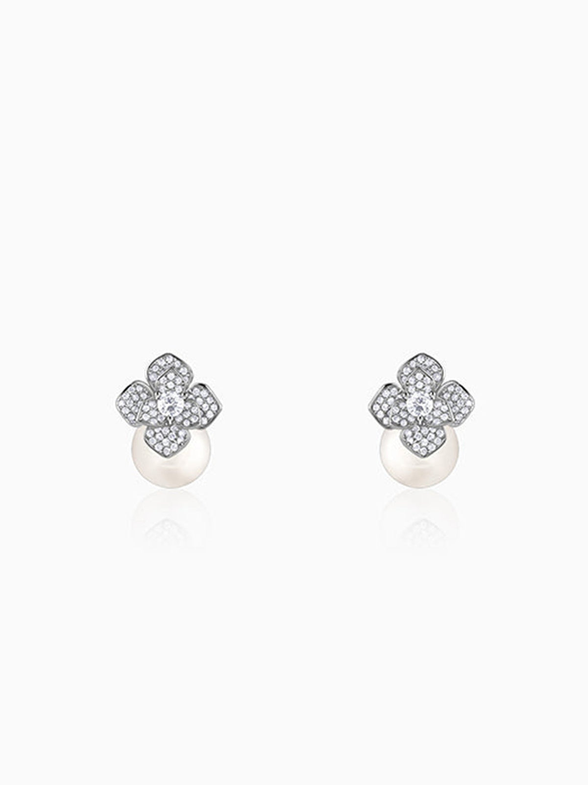 Silver Camellia Pearl Drop Earrings
