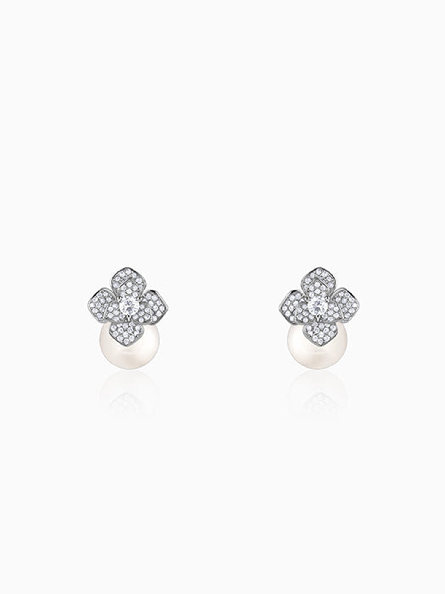 Silver Camellia Pearl Drop Earrings