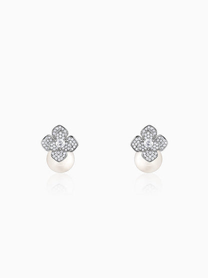 Silver Camellia Pearl Drop Earrings