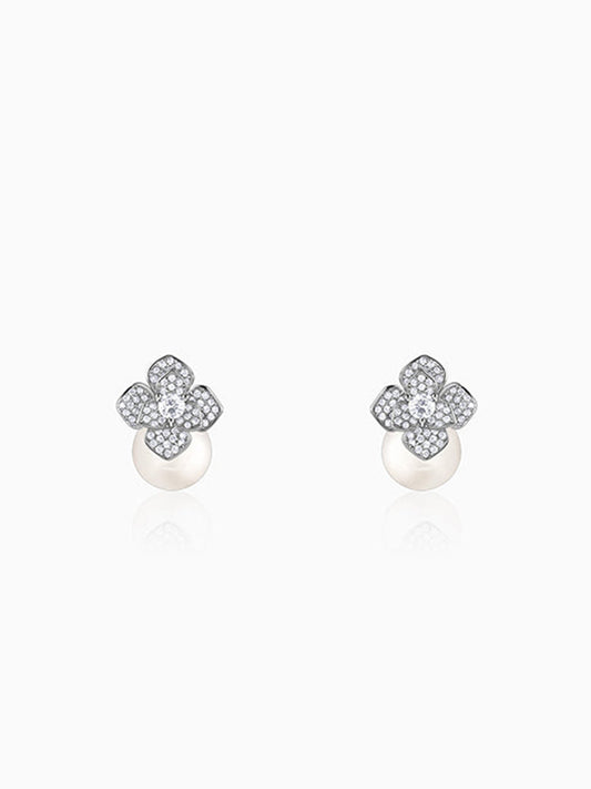 Silver Camellia Pearl Drop Earrings