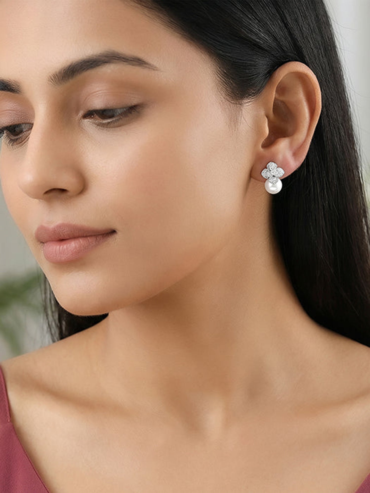 Silver Camellia Pearl Drop Earrings