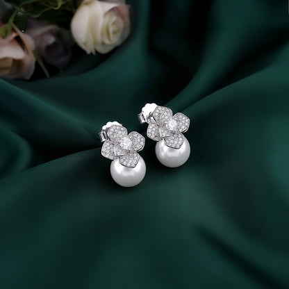 Silver Camellia Pearl Drop Earrings