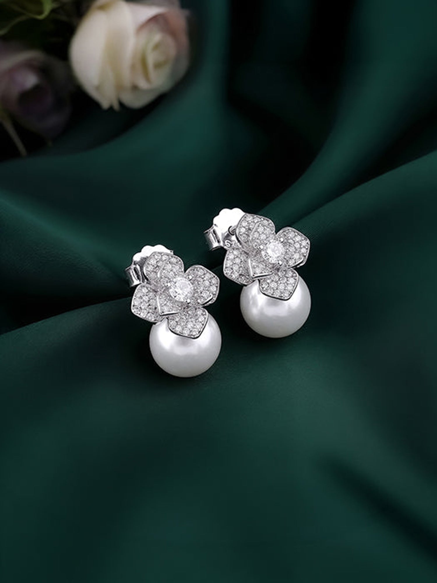 Silver Camellia Pearl Drop Earrings