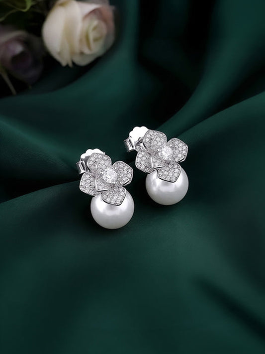 Silver Camellia Pearl Drop Earrings