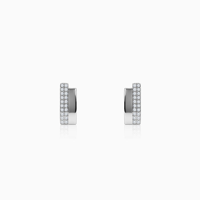 Silver Texture Pave Bar Stud Earrings