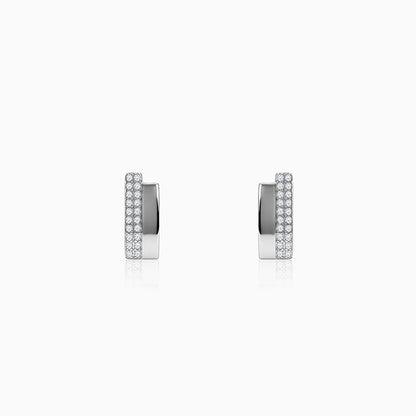 Silver Texture Pave Bar Stud Earrings