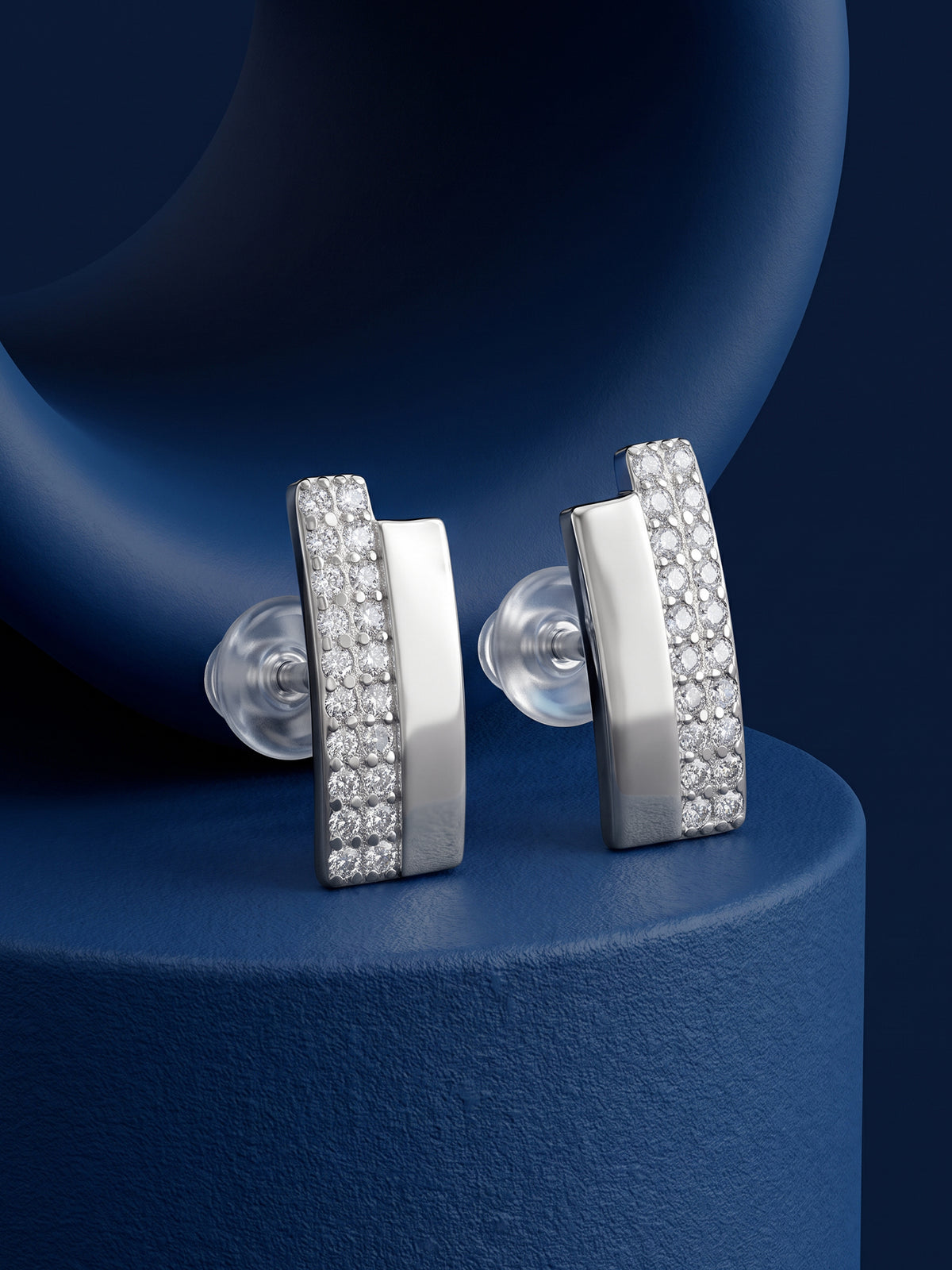 Silver Texture Pave Bar Stud Earrings