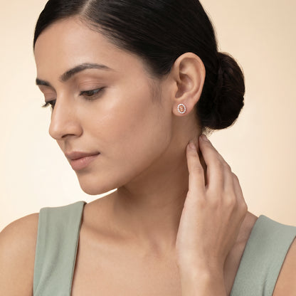 Rose Gold Oval Halo Stone Stud Earrings