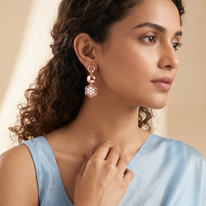 Dual Tone Modern Bloom Silver Earrings