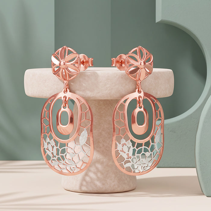 Dual Tone Bloom & Frame Silver Earrings