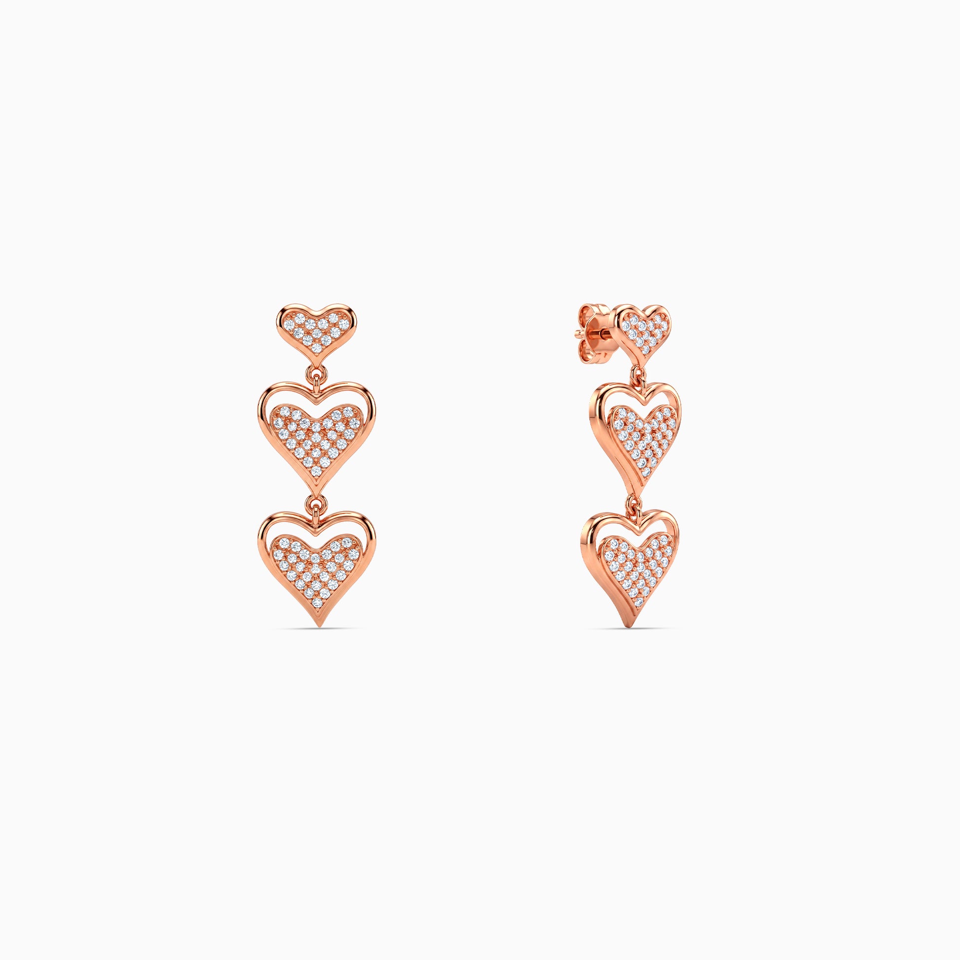 Rose Gold Heart Trio Drop Earrings