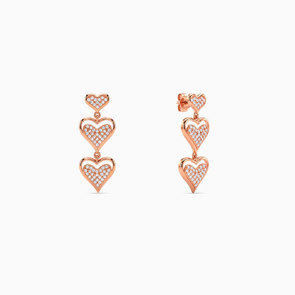 Rose Gold Heart Trio Drop Earrings