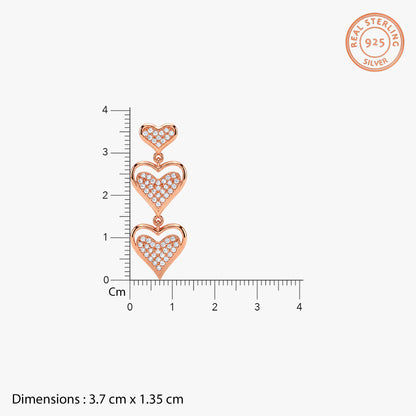 Rose Gold Heart Trio Drop Earrings