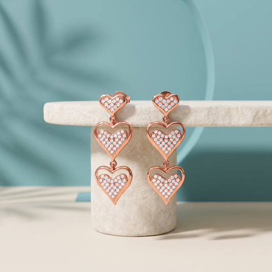 Rose Gold Heart Trio Drop Earrings