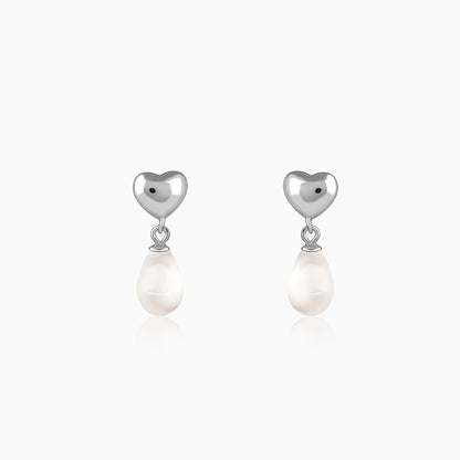 Silver Heart Pearl Drop Earrings