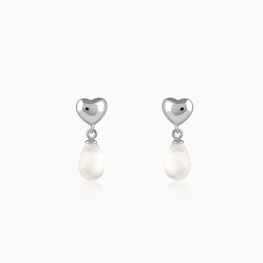Silver Heart Pearl Drop Earrings