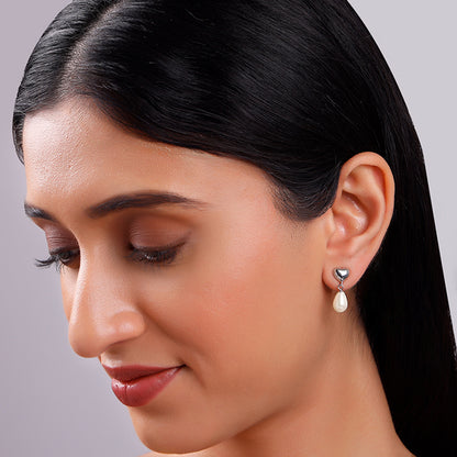Silver Heart Pearl Drop Earrings