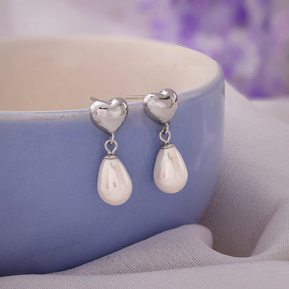 Silver Heart Pearl Drop Earrings